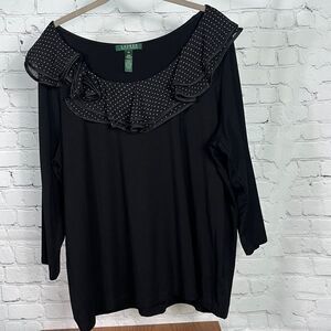 Ralph Lauren Black Polka Dot Ruffle Collar & Rosettes Jersey Knit Top 2X